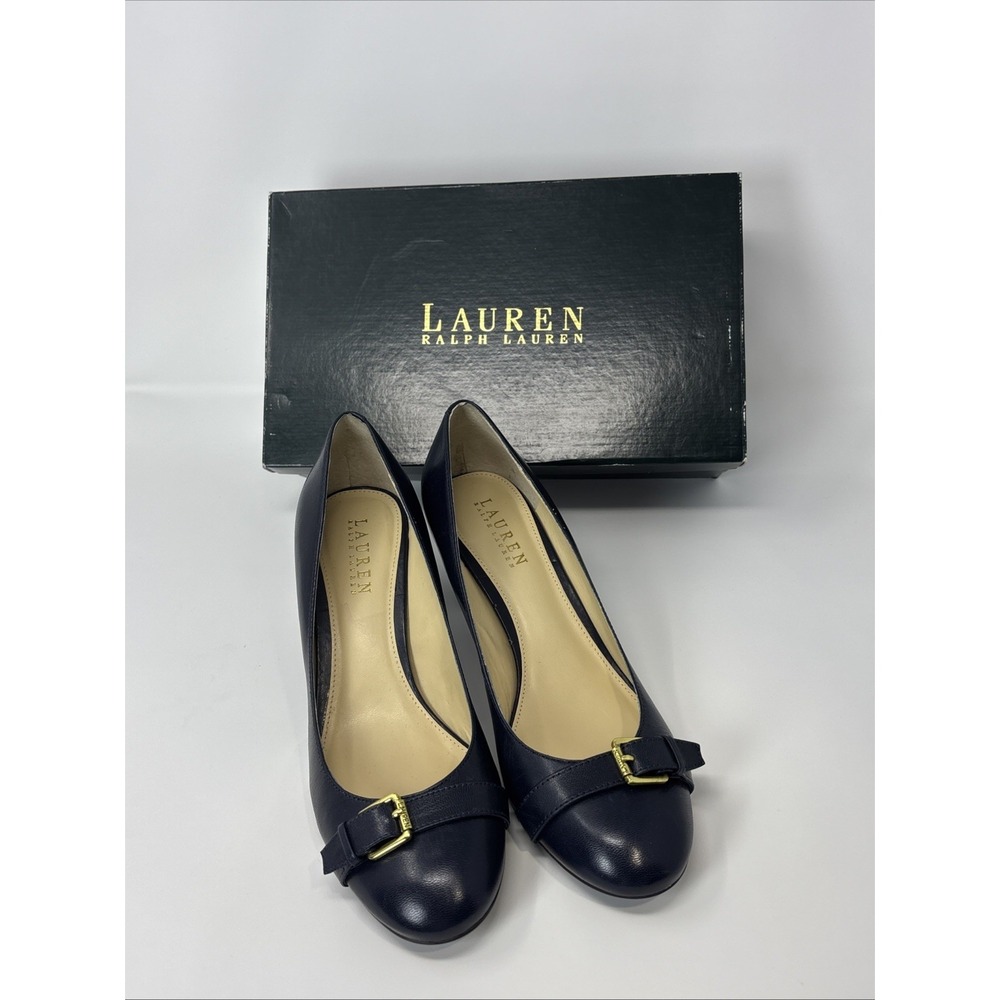 LAUREN Ralph Lauren Saffron Leather Classic Pumps, Blue, Mid-Block Heel Size 9B - Picture 2 of 16
